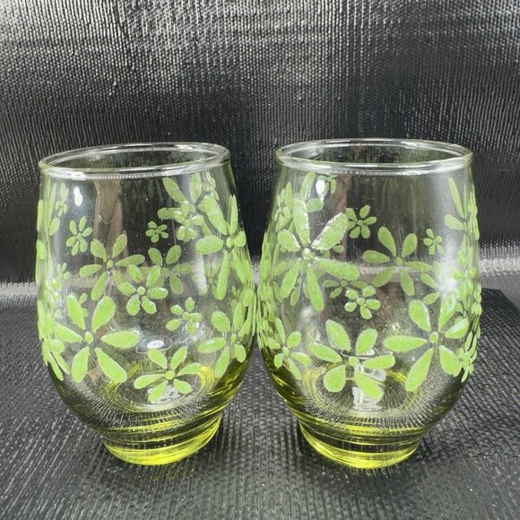 Libbey Green Lowball Glasses With Embossed Floral Design Cups Set 4 Cups 3.5inch - Picture 6 of 10
